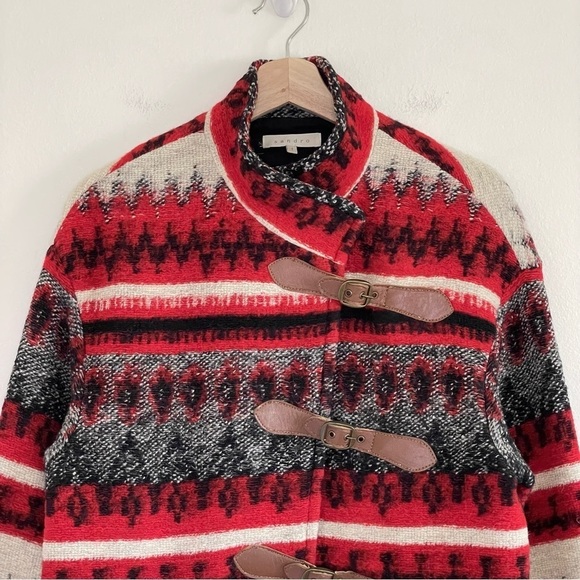 Sandro Wool Blend Patterned Coat Red Black Ivory Small - Picture 4 of 16